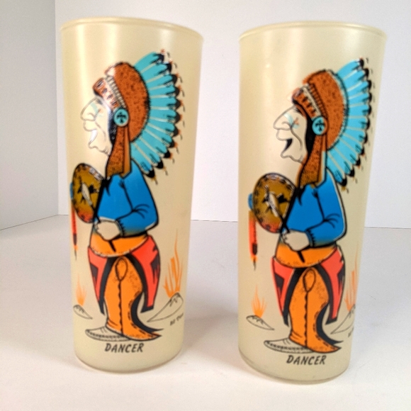 Vintage 1950s Bill T. Lores Indian Dancer Frosted Tumbler Set of (2) (Set #2)